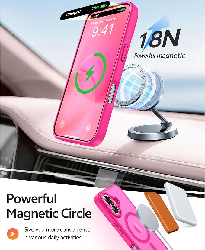 FNTCASE for iPhone 16 Case [Compatible with Magsafe] Translucent Matte Cases with [Screen Protector] Military Grade Shockproof Protective Phone Cover - Hot Pink