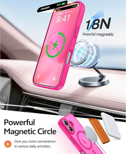 FNTCASE for iPhone 16 Case [Compatible with Magsafe] Translucent Matte Cases with [Screen Protector] Military Grade Shockproof Protective Phone Cover - Hot Pink