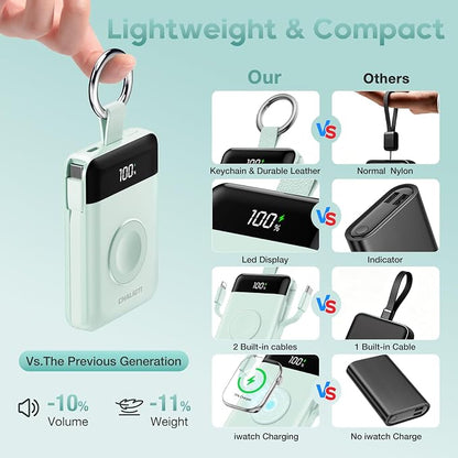 10000mAh Portable Charger,PD 22.5W Super Fast Charging Power Bank with Built-in Cables, Travel Keychain Battery Pack for iPhone 17/16/15/14/13/12,Apple Watch Ultra/11/10/9/8/7/6/SE (Green)