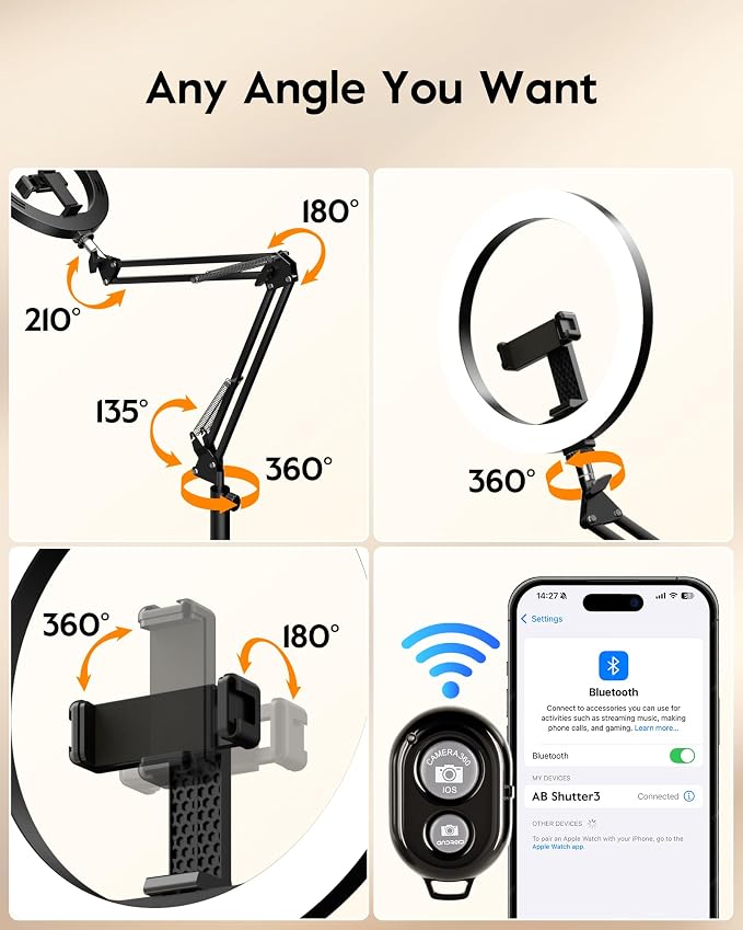 LUXSURE Tripod for iPhone with Light,71" Overhead Phone Mount with Phone Holder,Adjustable Ring Light with Stand and iPhone Tripod for Video Recording,Cooking,Painting,TikTok,YouTube