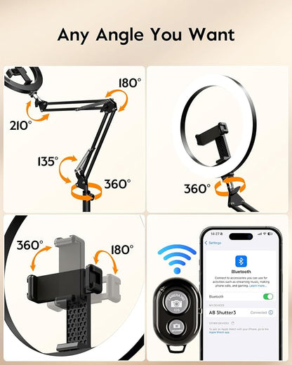 LUXSURE Tripod for iPhone with Light,71" Overhead Phone Mount with Phone Holder,Adjustable Ring Light with Stand and iPhone Tripod for Video Recording,Cooking,Painting,TikTok,YouTube