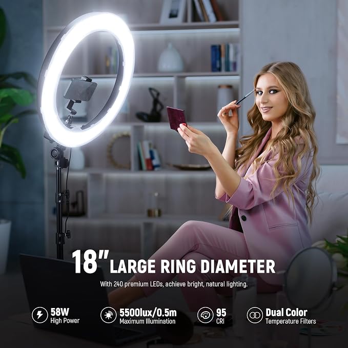 NEEWER 58W 18"/45cm Ring Light Kit, 3200K & 5600K Bi Color Dimmable CRI95 LED Selfie Lighting for iPhone with Tripod Stand/Phone Holder/Cold Shoe for Makeup Studio Video Recording Photography, RL-18