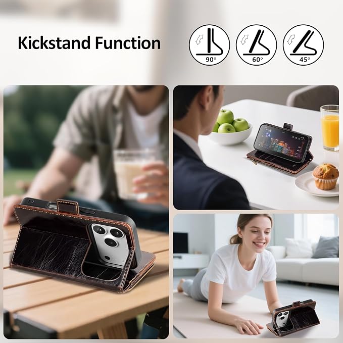 Antsturdy Compatible with Magsafe Magnetic 2 in 1 Detachable iPhone 17 Pro Wallet Case with Credit Card Holder Slots,PU Leather RFID Blocking Phone Cover Wrist Strap Zipper Women Men,Coffee