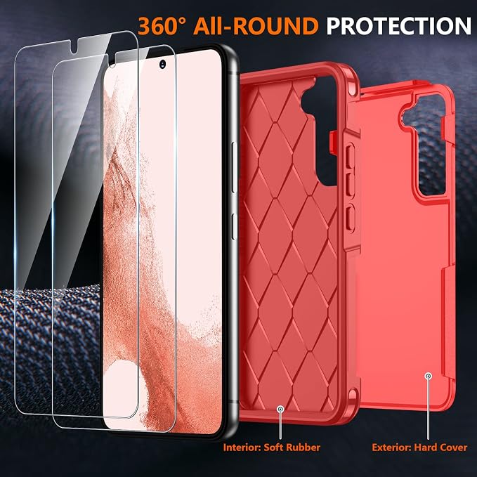 SPIDERCASE Designed for Samsung Galaxy S22 Case,[10 FT Military Grade Drop Protection],2 Pack [Tempered Glass Screen Protector+Camera Lens Protector] Heavy Duty Shockproof Case,Red