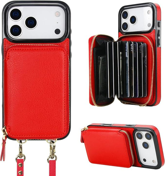 Bocasal Crossbody Wallet Case for iPhone 17 Pro Max, RFID Blocking Leather Purse Case with Card Holder, Protective Handbag Flip Cover with Zipper Wrist Strap Lanyard for Women 5G 6.9 Inch (Red)
