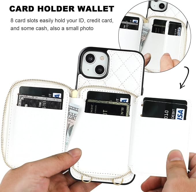 Bocasal Crossbody Wallet Case for iPhone 14 Plus, RFID Blocking PU Leather Zipper Handbag Purse Flip Cover, Kickstand Folio Case with Card Slots Holder Wrist Strap Lanyard 5G 6.7 Inch (White)