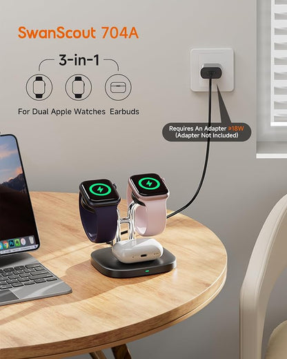 Dual Watch Charger with Fast Charging for Apple Watch, SwanScout 704A, 3-in-1 Wireless Charging Station Stand for Apple Watch Ultra 3/11/10, Wireless Charger Dock for AirPods Pro 3/4 (Black & Silver)