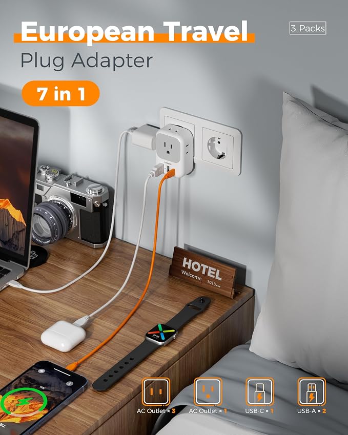 TESSAN European Travel Plug Adapter USB C 3 Pack, PD 20W US to Europe Plug Adapter with 4 AC Outlets 3 USB Ports, Type C Power Adaptor for USA to EU Euro Spain France Iceland Italy Germany Greece