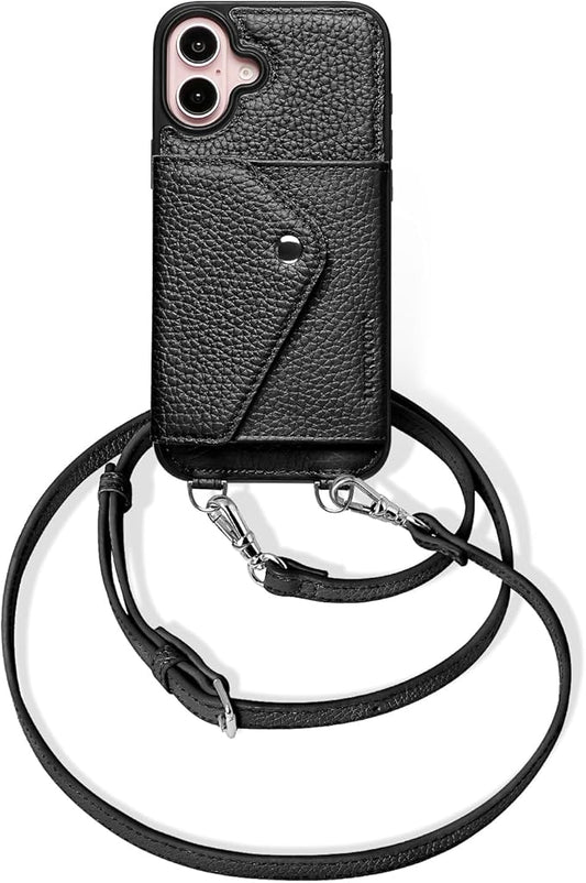 LUCKYCOIN for iPhone 16 Plus Crossbody Wallet Case – Genuine Leather Phone Purse with Adjustable Strap and Card Holder,Lanyard Phone Purse Case for Women,Pebble Grain Black