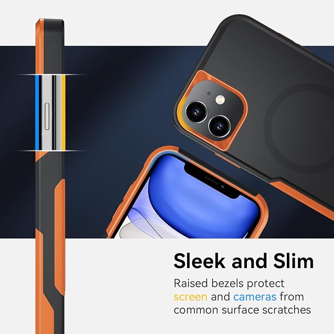 Xmon for iPhone 11 Magnetic Case [Compatible with MagSafe] Tempered Glass Screen Protector with Camera Lens Protector Phone Case Cover for Apple iPhone 11 (Magnetic Black/Orange)