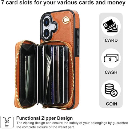 Bocasal Crossbody Wallet Case for iPhone 17, RFID Blocking Leather Purse Case with Card Holder, Protective Handbag Flip Cover with Zipper Wrist Strap Lanyard for Women 5G 6.3 Inch (Brown)