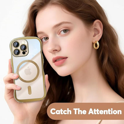 Misscase Designed for iPhone 16 Pro Max Case 6.9",with Privacy Screen Protector*1,Cute Wave Frame Case with Camera Lens Protector,Compatible with MagSafe Plating Bling for Women Gold