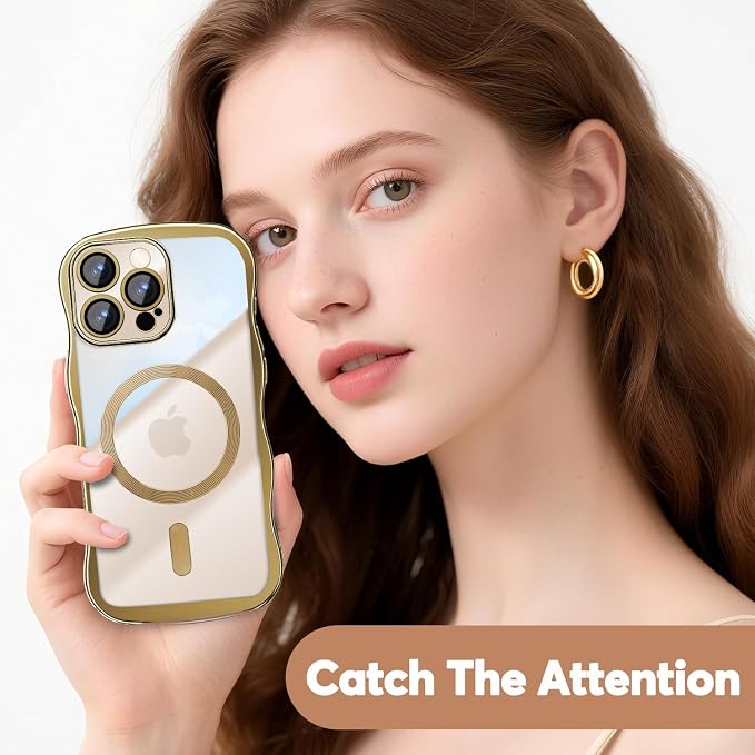 Misscase Designed for iPhone 16 Pro Case 6.3",with Privacy Screen Protector*1,Cute Wave Frame Case with Camera Lens Protector,Compatible with MagSafe Plating Bling for Women Gold