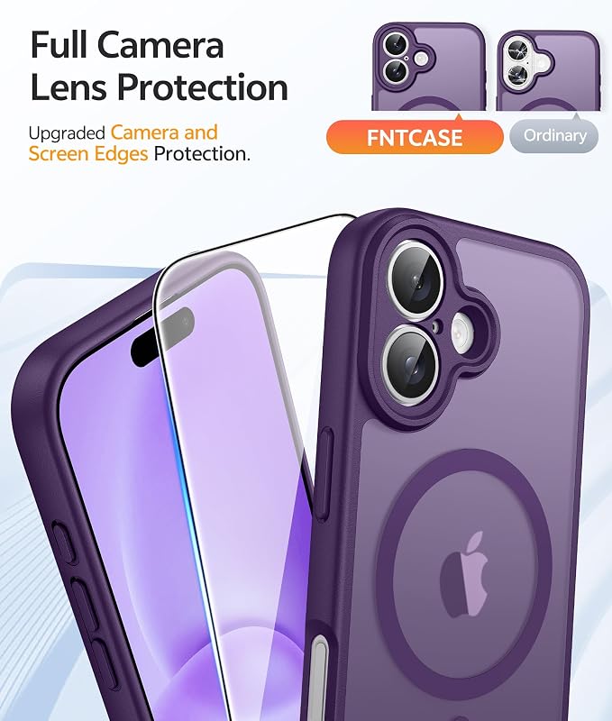 FNTCASE for iPhone 16 Case: [Compatible with Magsafe] Translucent Matte Cases with [Full Camera Protection] [Screen Protector] Military Grade Shockproof Protective Phone Cover - Purple