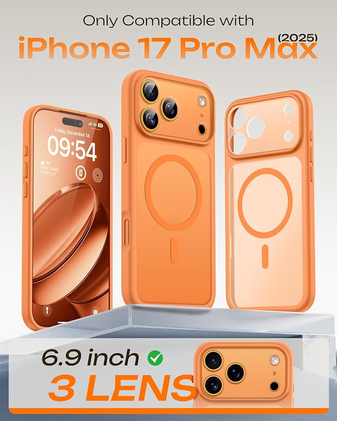 TOCOL for iPhone 17 Pro Max Case, Compatible with Magsafe Charger, Full Camera Protection, Translucent Matte for iPhone 17 Pro Max Phone Case 6.9 inch (Orange)