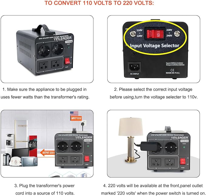1000W 110V to 220V EU Voltage Converter Transformer Step Up/Down Converter | 110/120 Volt - 220/230/240 Volt w/US Power Cord(NO 220V Power Cord) Yinleader