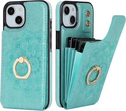 HAOPINSH for iPhone 13/ iPhone 14 Wallet Case with Card Holder, 360°Rotation Ring Kickstand, Green Mandala Pattern, RFID Blocking Leather for Girls Women, Double Buttons Flip Protective Cover 6.1"