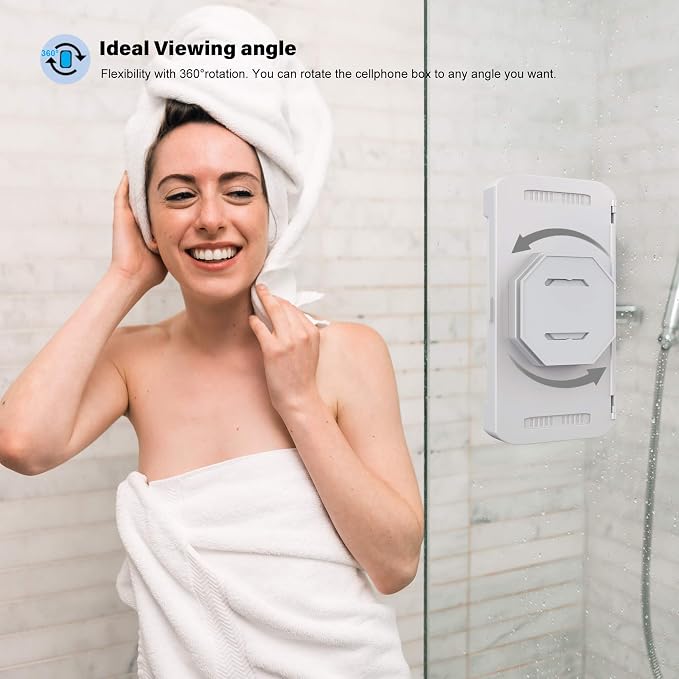 Shower Phone Holder Waterproof 360° Rotation, Mirror/Wall Mount Phone Holder for Shower Bathroom Bathtub Kitchen, Universal Shower Accessories (White)