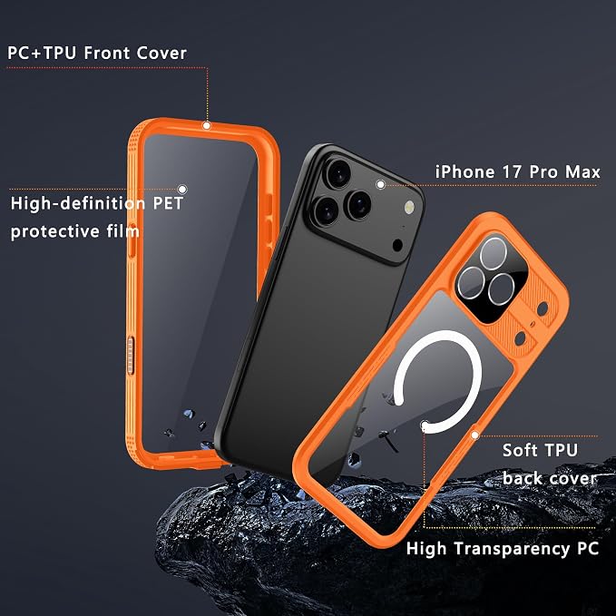GOLDJU Magnetic for iPhone 17 Pro Max Case-Waterproof, Built-in Screen & Camera Protector-IP68 Underwater Full Body 16FT Military Dropproof Shockproof Case for 17 Pro Max 6.9''- Orange