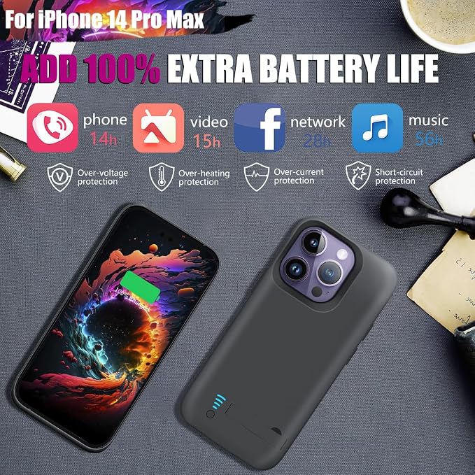 Battery Case for iPhone 14 Pro Max, 6000mAh Rechargeable Extended Battery Charging Charger Case, Add 100% Extra Juice (6.7 Inches) Black