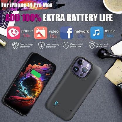 Battery Case for iPhone 14 Pro Max, 6000mAh Rechargeable Extended Battery Charging Charger Case, Add 100% Extra Juice (6.7 Inches) Black
