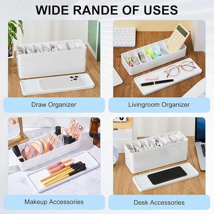 Tatuo 1 Pcs Cord Organizer for Drawer Desktop, Cable Organizer Box with 8 Compartments and Wire Ties, Plastic Charger Storage with Lid, Electronics Case for Home Office Accessories (Small,White)