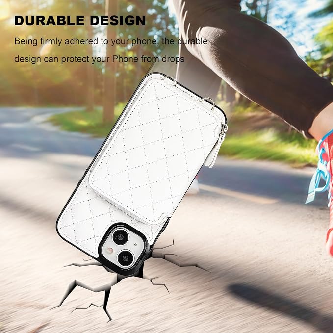 Bocasal Crossbody Wallet Case for iPhone 15 Plus, RFID Blocking PU Leather Zipper Handbag Purse Flip Cover, Kickstand Folio Case with Card Slots Holder Wrist Strap Lanyard 5G 6.7 Inch (White)