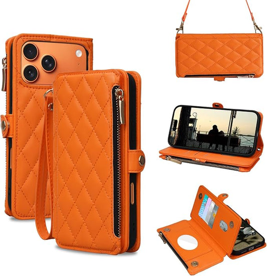 Rssviss Crossbody Wallet Case for iPhone 17 Pro Max 6.9", with Make Up Mirror, Wrist Strap, Zipper Purse Magnetic Flip, RFID Blocking Card Holder Kickstand, PU Leather Shockproof Women, Orange