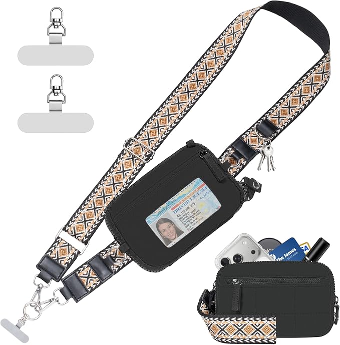 Tiostep Clip and Go Strap for Phone with Wallet Crossbody Phone Lanyard with Anti-Theft Zipper Pouch Detachable Quilted Wrist Wallet with RFID and ID Window for Daily Travel. Black Large