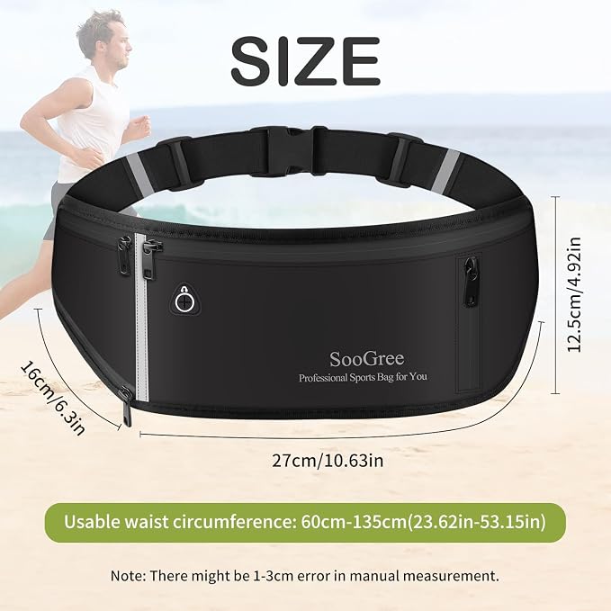 SooGree Slim Running Belt Fanny Pack, Resistant Waist Pack Money Belt Bag for Hiking Cycling Workout, Gym Phone Holder with Adjustable Strap (Black)