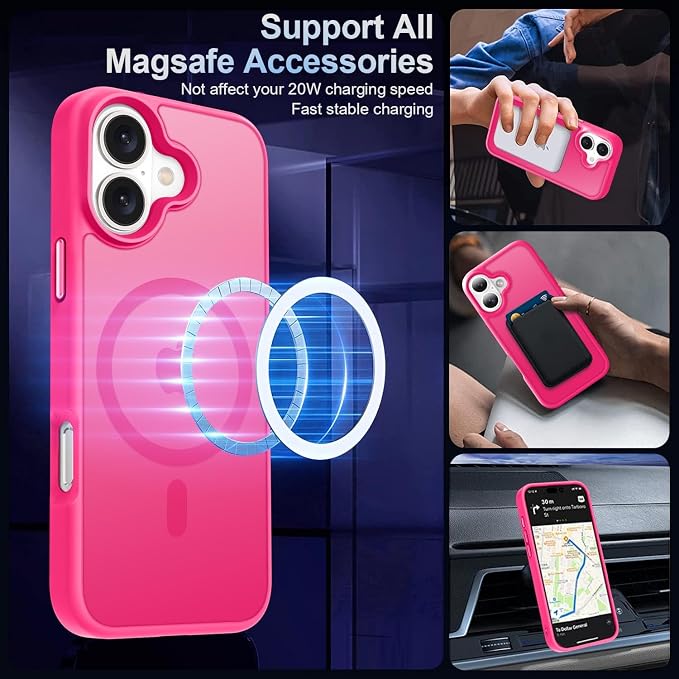 MOCCA Strong Magnetic for iPhone 16 Case, [Compatible with Magsafe][16FT Mil-Grade Drop Protection] Slim Thin Translucent Matte Protective Cover Case for iPhone 16 Phone Case 6.1", Hot Pink