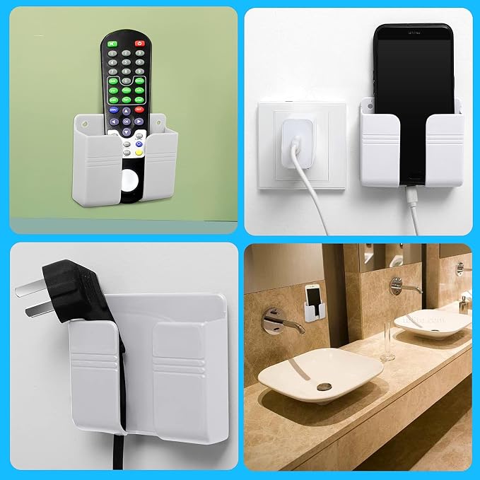 Jetec 8 Pieces Wall Mount Phone Holder Adhesive Remote Control Storage Box Wall Mount Charging Phone Stand Holder Adhesive Non Slip Media Organizer Storage Box for Bedroom Kitchen Bathroom (White)