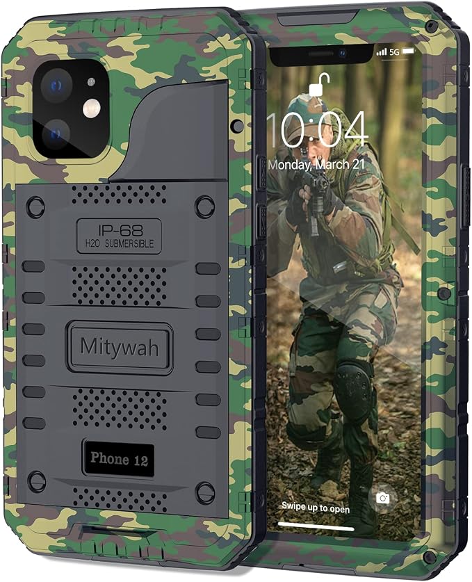 Mitywah Waterproof Case for iPhone 12, Heavy Duty Shockproof Case with Built-in Screen Protector, Full Body Underwater Protective Metal Case 6.1 inch, Camouflage