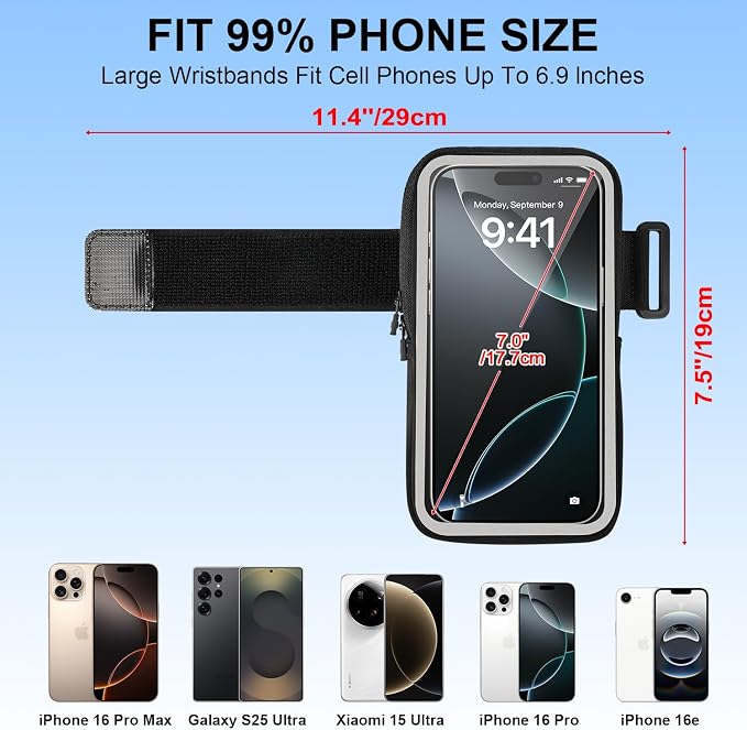 Phone Holder for Running, Wristbands Frearm Band Up to 6.9″, Cell Phone Armband for iPhone 16 15 14 13 12 11 Pro Max XS XR X Plus Galaxy Pixel, Workout Running Gear Essentials Fitness