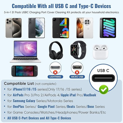 Silicone USB C Dust Plug with Phone Speaker Cover,5-in-1 31 Pack Charging Port Cover Cleaning Kit,Type C Anti Dust Plug for iPhone 15/16/17/Samsung Galaxy/One Plus/Google Pixel/All USB C-Port Devices
