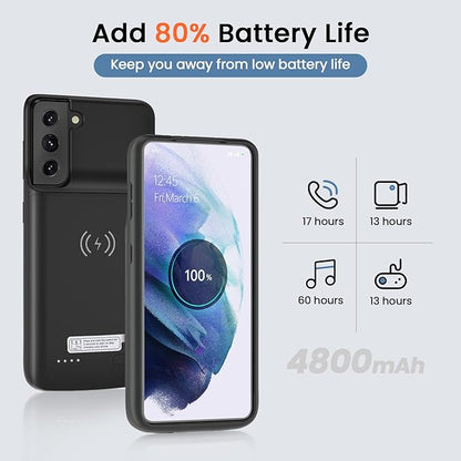 NEWDERY 4800mAH Battery Case for Samsung Galaxy S21, External Rechargeable Battery Charger and Mobile Phone Case Power Bank Backup Battery Charger for Galaxy S21 5G (6.2 Inches) Black