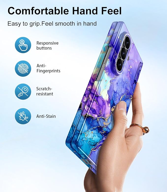 Btscase for Samsung Galaxy Z Fold 7 Case,Built in Front Screen Protector,Gold Glitter Marble Pattern Hard PC Slim Shockproof Full Body Drop Protective Case for Galaxy Z Fold 7 5G, Bright Purple Blue