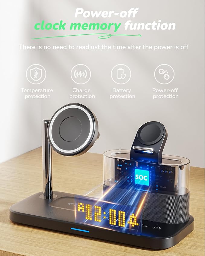 Compatible with Qi2 Certified Wireless Charging Station with Alarm Clock and Night Light,15W Fast 5 in 1 Mag-Safe Charger Stand for iPhone 16 15 14 13 12 Pro Max,Apple Watch,Air-Pods(Black)