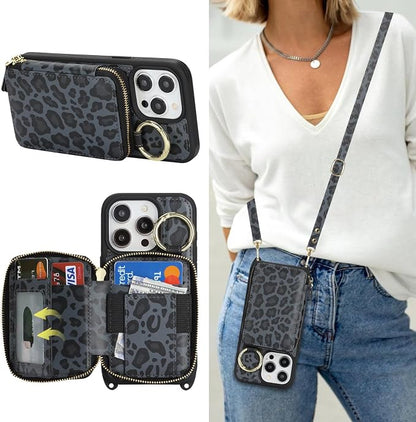 Crossbody Wallet Case for iPhone 14 pro, PU Leather Zipper Handbag Purse Flip Cover, Kickstand Folio Case with Card Slots Holder Wrist Strap Lanyard 5G 6.1 Inch-Black Leopard