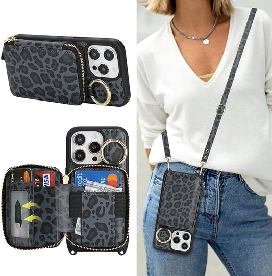 Crossbody Wallet Case for iPhone 14 pro, PU Leather Zipper Handbag Purse Flip Cover, Kickstand Folio Case with Card Slots Holder Wrist Strap Lanyard 5G 6.1 Inch-Black Leopard