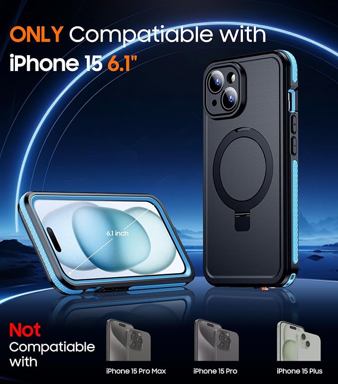Temdan Magnetic for iPhone 15 Case Waterproof, [Built-in Ring Invisible Stand & Screen Protector][IP68 Underwater][Dropproof][Dustproof][Real 360] Shockproof Protective Phone Case 6.1'' -Blue
