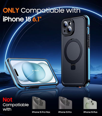 Temdan Magnetic for iPhone 15 Case Waterproof, [Built-in Ring Invisible Stand & Screen Protector][IP68 Underwater][Dropproof][Dustproof][Real 360] Shockproof Protective Phone Case 6.1'' -Blue