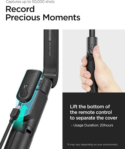 Spigen Selfie Stick Tripod Stand with Bluetooth Remote Control Shutter 47" Extendable Compatible with MagSafe iPhone 17/16/15/14/13/12 Pixelsnap Pixel 10 Series & More - Black (S580W)