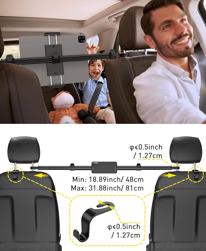 Tryone Car Tablet Holder Mount for iPad: Headrest Tablet Stand for Car Back Seat Compatible with iPad Pro Air Mini | Galaxy Tab | Kindle Fire HD | Switch OLED or Other 4.7-16.1" Devices
