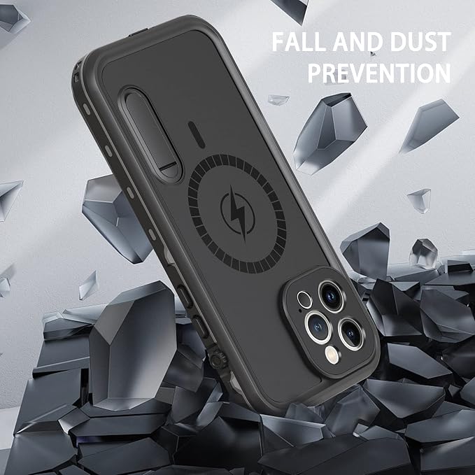 Omio for iPhone 13 Pro Waterproof Case Compatible with MagSafe, Magnetic Full Body IP68 Shell with Built-in Screen Protector Military Grade Shockproof Cover with Stand for Men Women Black