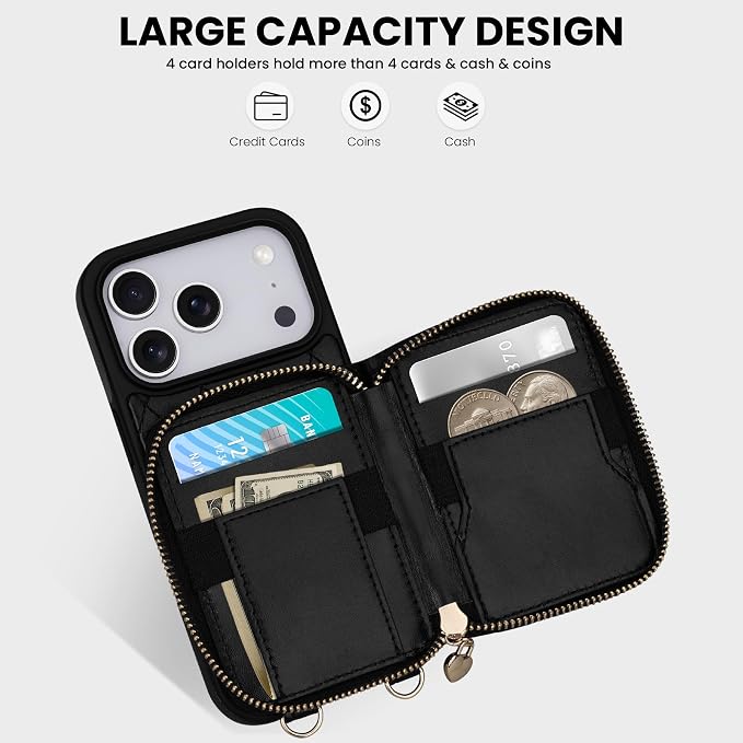 Keallce Case for iPhone 17 Pro 6.3'' Wallet Case, Crossbody Zipper Purse with Wrist Strap Handbag, RFID Blocking Card Holders, Lanyard Kickstand Flip Leather Phone Cover for iPhone 17 Pro, Black