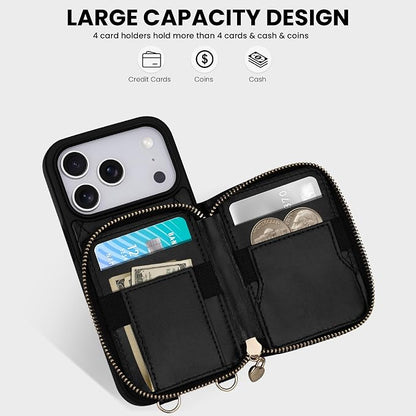 Keallce Case for iPhone 17 Pro 6.3'' Wallet Case, Crossbody Zipper Purse with Wrist Strap Handbag, RFID Blocking Card Holders, Lanyard Kickstand Flip Leather Phone Cover for iPhone 17 Pro, Black