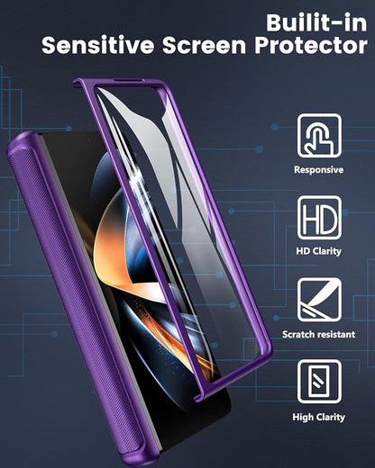 Viaotaily for Galaxy Z Fold 4 Case with Card Holder & Slide Camera Cover, Built-in Screen Protector & Hinge Protection, Shockproof Durable Wallet Phone Case for Galaxy Z Fold 4, Dark Purple