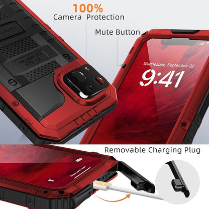 Mitywah Waterproof Case for iPhone 14 Plus, Heavy Duty Shockproof Case with Built-in Screen Protector, Full Body Underwater Protective Metal Case 6.7 inch, Red