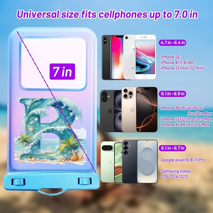 Personalized Initial Waterproof Phone Pouch Case - IPX8 Cellphone Dry Bag with Lanyard for iPhone 16/15/14/13/12 Pro Max (6.1–6.9"), Beach & Cruise Ship Essentials with Monogrammed Design (Blue, B)